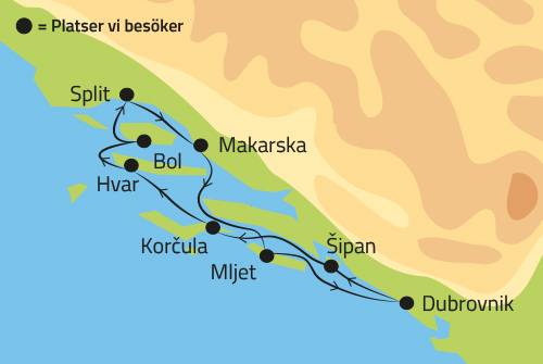 Karta över kroatiens kustlinje med stopp under resan.